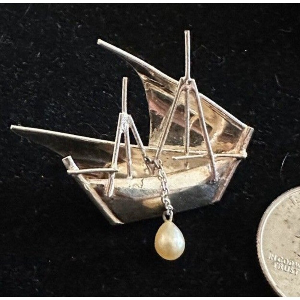 Vintage Handmade Midcentury Modern Sterling Silver Sailboat Brooch Pearl Drop